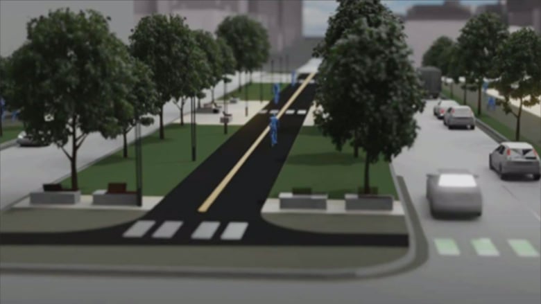 A mock-up shows a two-way bike lane in the centre of a street. The bike lane is surrounded by trees and grass on both sides. 