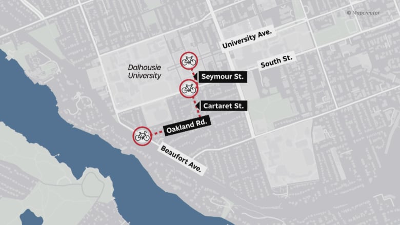 A map shows the planned location for three new local street bike paths that will connect to the Halifax Urban Greenway on Beaufort Avenue. 