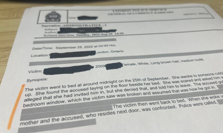 The police report taken by an officer after a 13-year-old girl reported waking to find her 27-year-old neighbour in her bedroom in the middle of the night. 