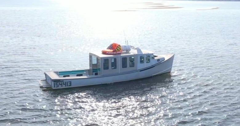 White fishing-style boat in the middle of a large body of water.