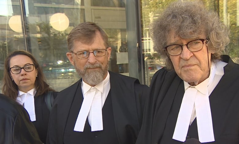 Three lawyers in courtroom attire speak to reporters.