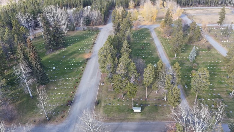 An aerial view of a cemetery.