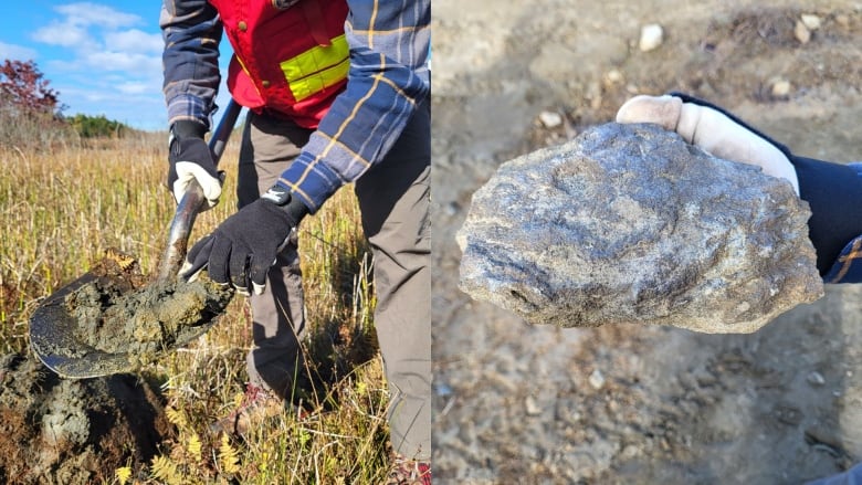 Two photos: on the left is a man with a shovel and in the shovel some green-ish looking soil. On the right photo is a man grabbing a rock. 