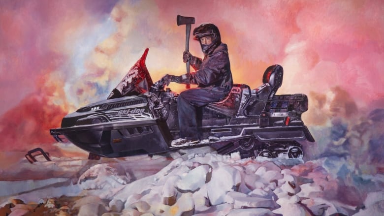 A painting of a man on a snowmobile holding a bloody axe.