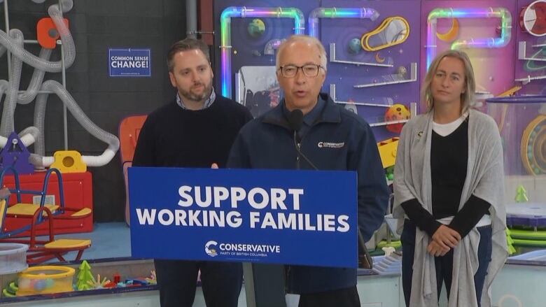 Three people standing in a row behind a podium with a blue sign with white lettering saying 