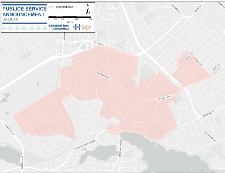 A map of Halifax includes a shaded area where residents are being asked to reduce their water usage.