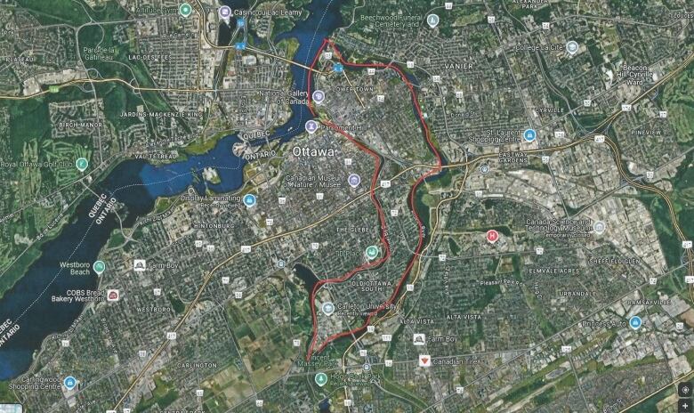 A map of Ottawa with a red line circling the area of the city cut off from the rest by waterways.