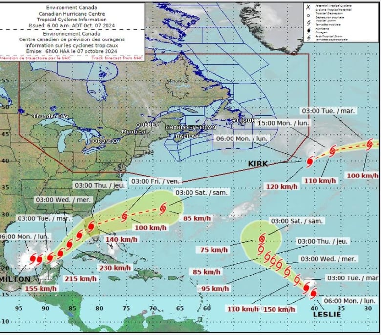 A map showing forecast tracks of hurricanes in the Atlantic.