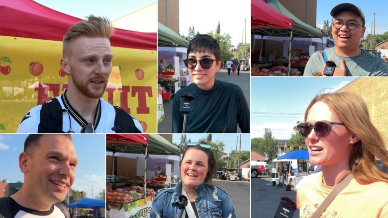 A collage of six people speaking into a microphone with the stalls of a farmers' market behind them. 