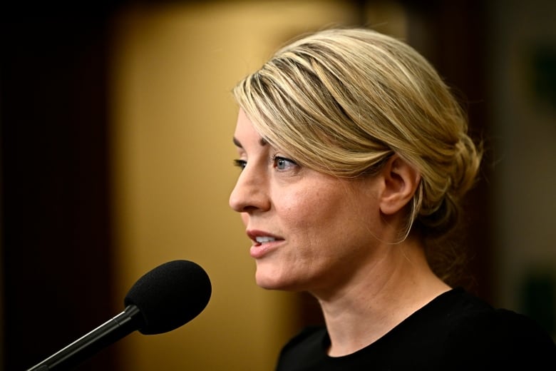 A blonde woman speaks into a microphone.