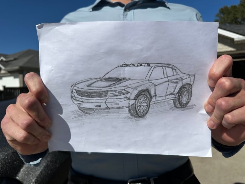 A pencil drawing of a muscle car.