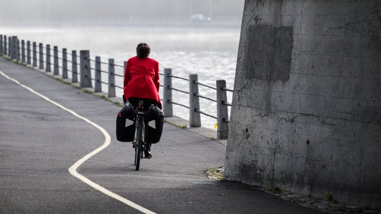 Someone in a red coat bikes beside a foggy waterway.