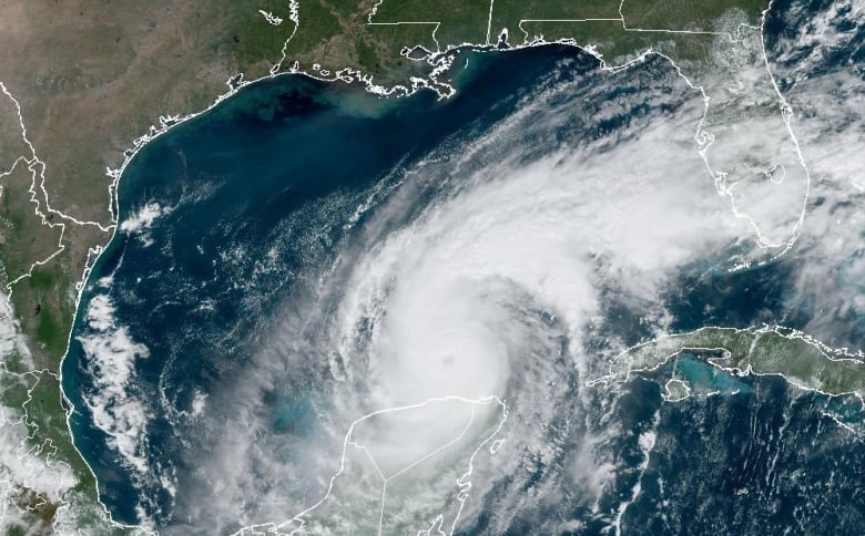 A satellite photo shows a swirling hurricane in the Gulf of Mexico.