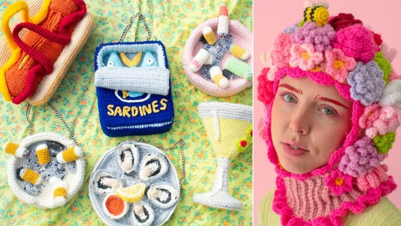 Left: overhead shot of crocheted handbags in the shape of tinned sardines, hot dog, martini, ashtray and oysters. Right: portrait of Aynsley Grealis wearing a crochet balaclava. 