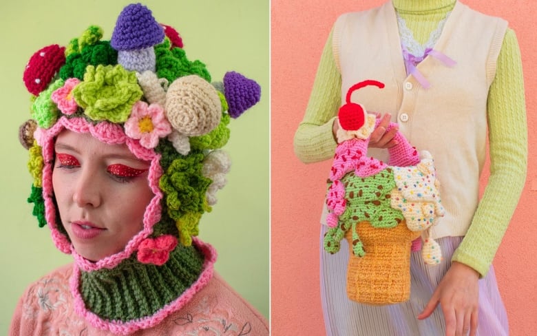 left: portrait of Aynsley Grealis wearing a crochet balaclava; right: portrait of a person holding a crochet purse shaped like scoops of ice cream in an ice cream cone. 