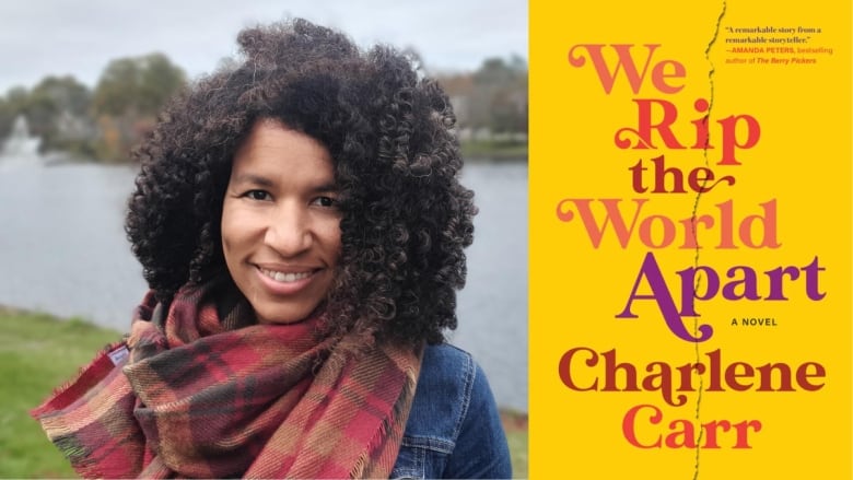 A Black woman with curly hair and a big plaid scarf smiles at the camera. A yellow book cover with pink and orange-toned writing