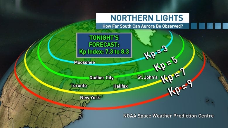 a map shows where the northern lights could be visible. 