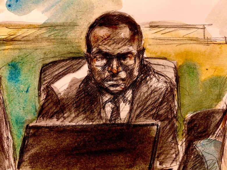 Court sketch showing a man in a suit