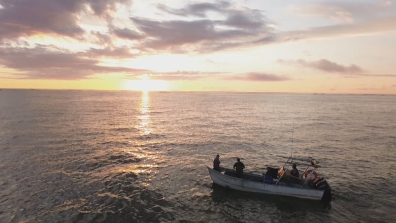 A commercial fishing boat is pictured on a lake with the sun rising in the background.