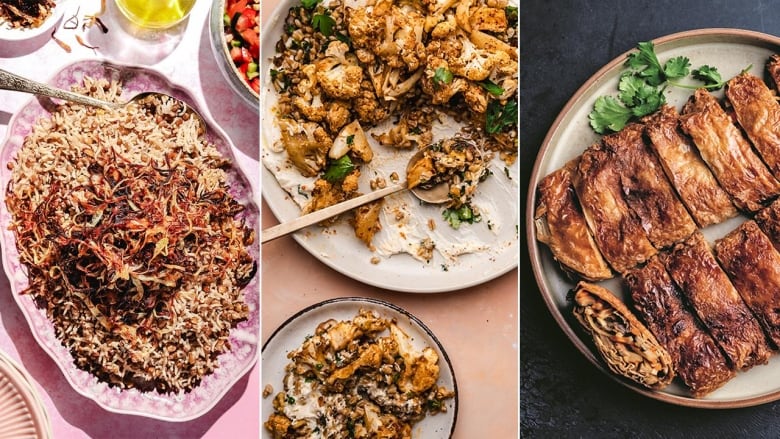 left: a plate of rice topped with fried onions; middle: roasted cauliflower on a bed of farro and lettuce; right: platter of vegetarian roast goose