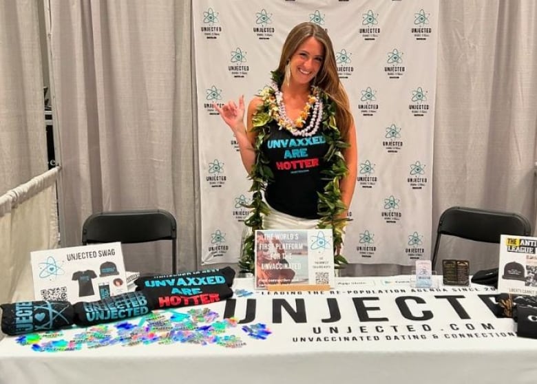 Shelby Hosana of Unjected, a dating for unvaccinated singles. Picture taken from the Instagram account: unjectedofficial. Posted dated July 10, 2024. Unjected was taking part in a conference in Las Vegas. 