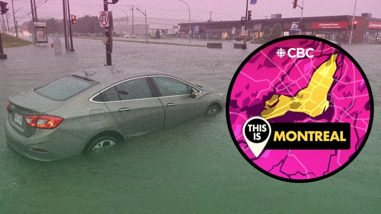 A composite image of a car halfway submerged in water with a badge of This is Montreal pasted on top. 