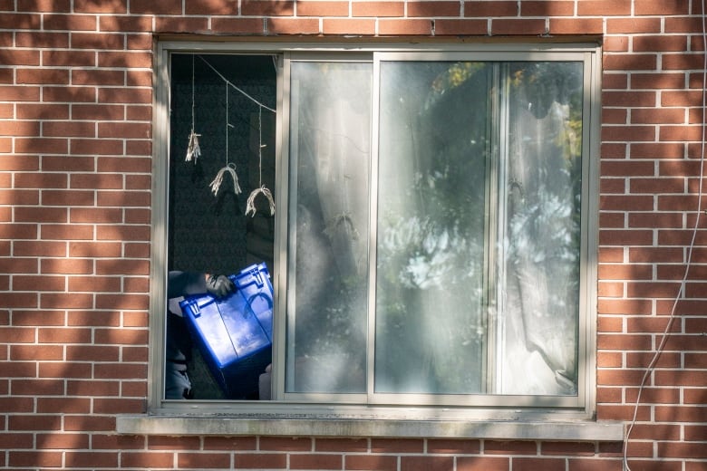 A person is seen carrying a blue box through a window.