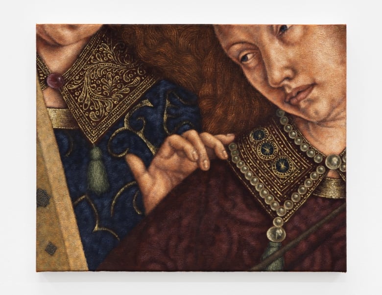 The oil painting shows two figures wearing brocade fabric. One touches the other on the shoulder. 