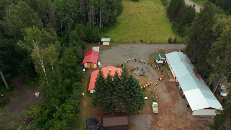 A bird's-eye view of a farm with dozens of people gathered in the middle forming a circle. 