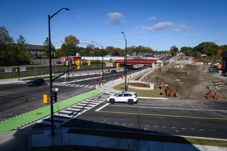 A bird's eye view of the new Adelaide Street underpass, and the recently reopened Adelaide and Central intersection, as seen from the second floor of Central Cat Hospital in London, Ont., on Oct. 15, 2024.