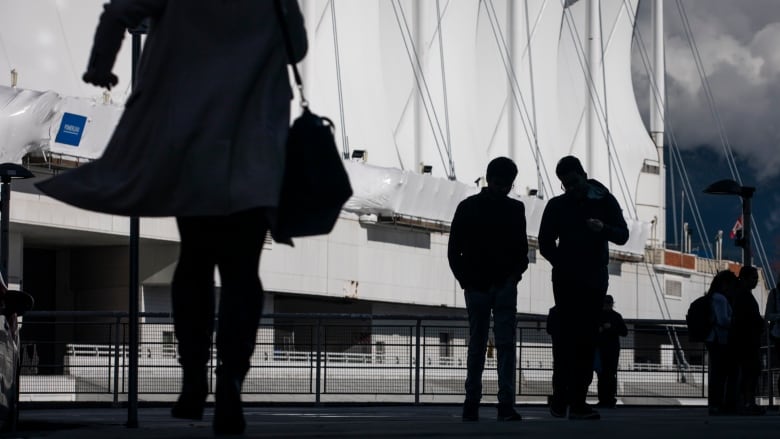 Silhouettes of people with cruise ships in the background.