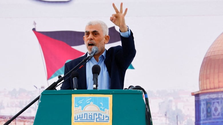 A man gestures while speaking at a lectern. There is a Palestinian flag behind him. 