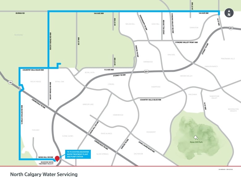 a digital map shows one long blue line representing water infrastructure in northwest calgary