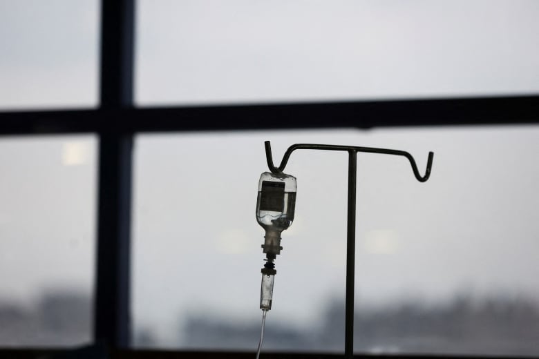 A medical IV drip is seen at a hospital.