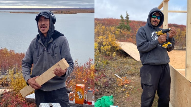 Two men hold up wood and tools on a fall day. 