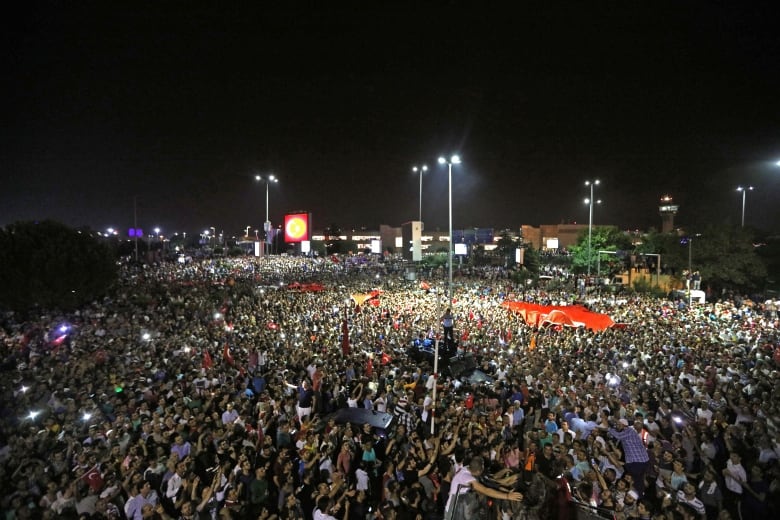 People are shown from an aerial view filling up an entire photo, with flags shown in the large crowd.