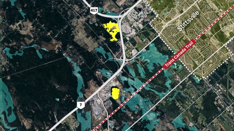 A map that shows two areas of wetland near Highway 7 in Ottawa that have lost their designations as provincially significant wetland. 