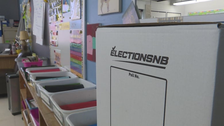 A ballot box in a bright and colorful classroom.