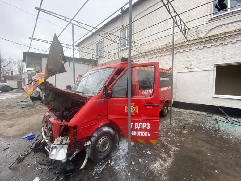 A drone-damaged fire vehicle is seen in Nikopol, Ukraine.