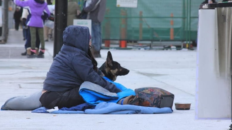 On a cold grey day, a woman sits with her German Shepherd on a blanket on a city street. She is wearing a winter jacket.