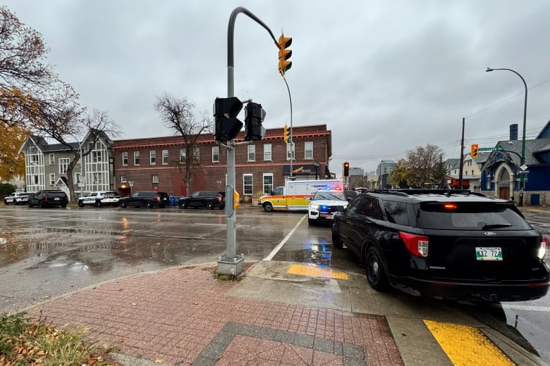 Police vehicles block a street.