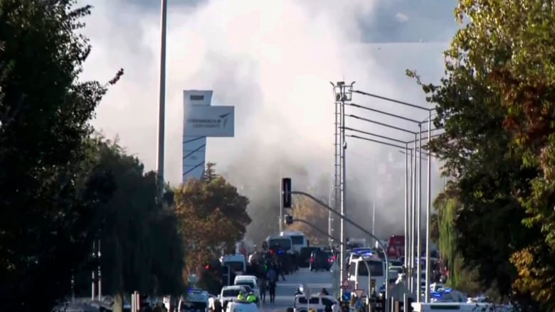 Smoke arises in the distance after an explosion.