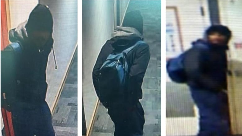 Three grainy surveillance photos show a man wearing a hooded jacket, a tuque and a backpack.