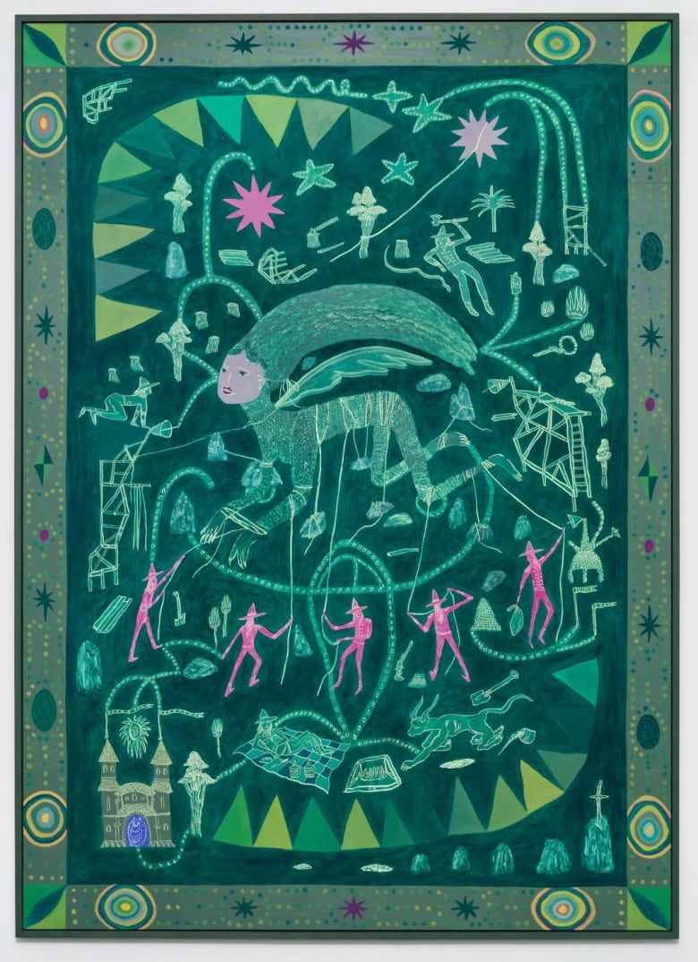 Surreal illustrative painting in shades of green with violet details. A central figure appears to be a mythical creatiure with wings and a female face. She crouches on all fours and is strung up by a crowd of figures which are much smaller in size who wear pointy hats.