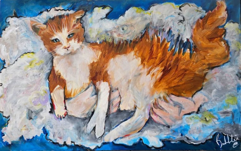 Acrylic painting of an orange tabby cat reclining on what appears to be a fluffy cloud. Disembodied hands rub its belly.