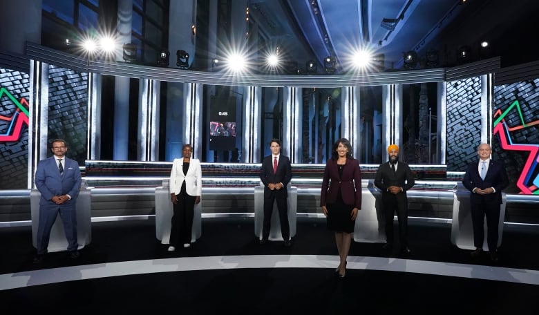 Moderator Shachi Kurl, President of the Angus Reid Institute, front, joins Bloc Quebecois Leader Yves-Francois Blanchet, back left to right, Green Party Leader Annamie Paul, Liberal Leader Justin Trudeau, NDP Leader Jagmeet Singh, and Conservative Leader Erin O'Toole pose for an official photo before the federal election English-language Leaders debate in Gatineau, Que., on Thursday, Sept. 9, 2021.