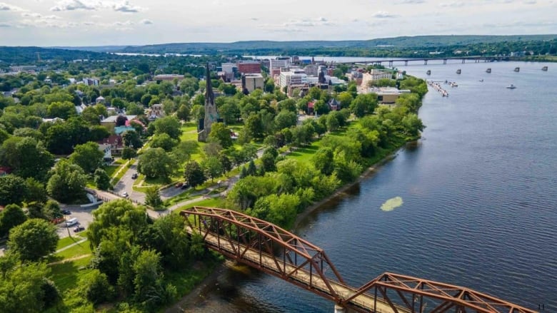 Drone shot of downtown Fredericton and river