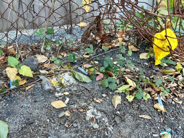 Syringe covers, a balloon and a lighter lay on the ground with fall leaves and a fence in the background. 