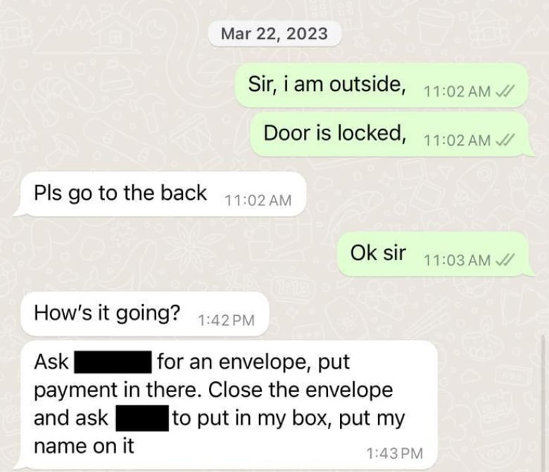 In a screenshot of a WhatsApp message from March 20, 2023, Lamba reminds the worker of the Wednesday at 11am is the start time, for his first shift. Then, Lamba instructs him to bring payment with you as well. Lamba later tells the worker to put his payment in an envelope and ask a Turtle Jacks supervisor to put the payment in Lambas box and put his name on it.