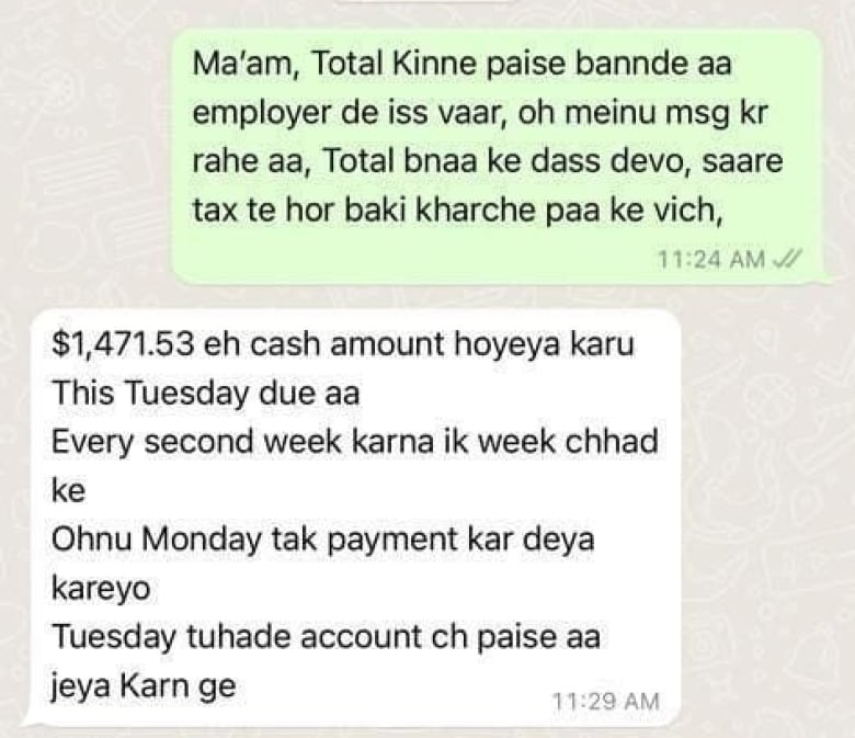 A WhatsApp message, that appears to be from the immigration consultant, written partially in Hindi, outlines a cash amount of $1,471.53 every second week, starting this Tuesday.